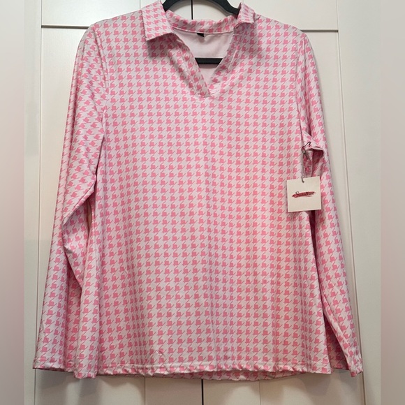 Tops - Pink Houndstooth Women's Long Sleeve Top V Neck Sz XL NEW!